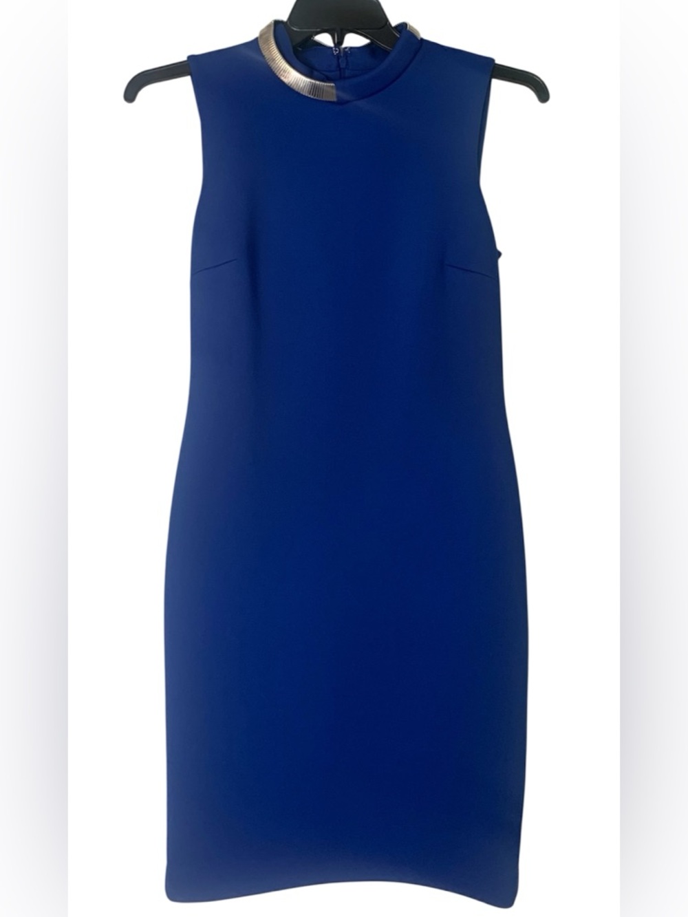 Calvin Klein Sleeveless Royal Blue Midi Dress with Silver Metallic Accent NWOT 8